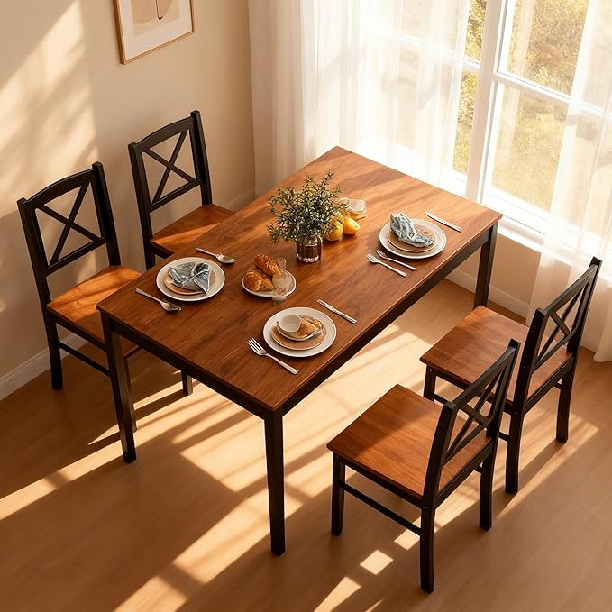 Tangkula 5-Piece Mid-Century Modern Dining Table Set for 4, Wooden Kitchen Table and Chairs, Compact Rubber Wood Dining Room Set for Small Spaces, Kitchen & Living Room