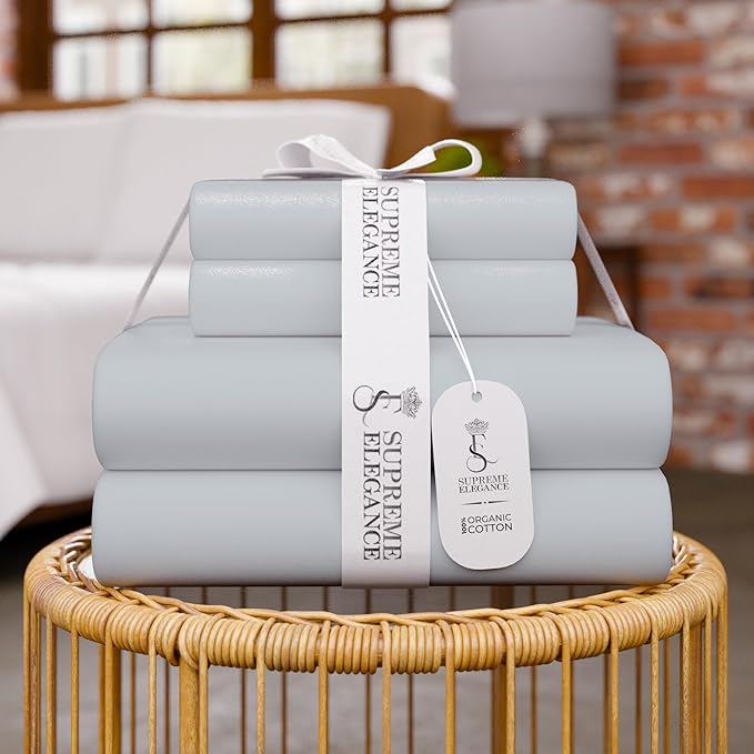 SUPREME ELEGANCE Organic 100% Cotton Twin XL Bed Sheet – Soft Silver Crisp Percale, Deep Pocket up to 16” – Lightweight, Breathable & Naturally Cooling – Ideal for College Dorm, Soft & Comfy