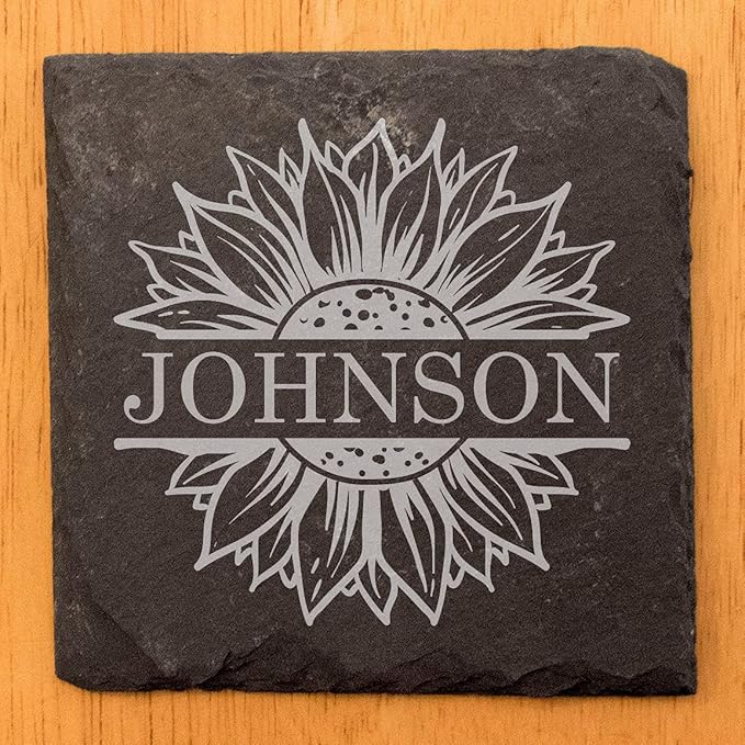 Personalized Monogram Family Coasters, Natural Stone Set, Birthday, Wedding, Customized, Rustic - Square Slate - Set of 8