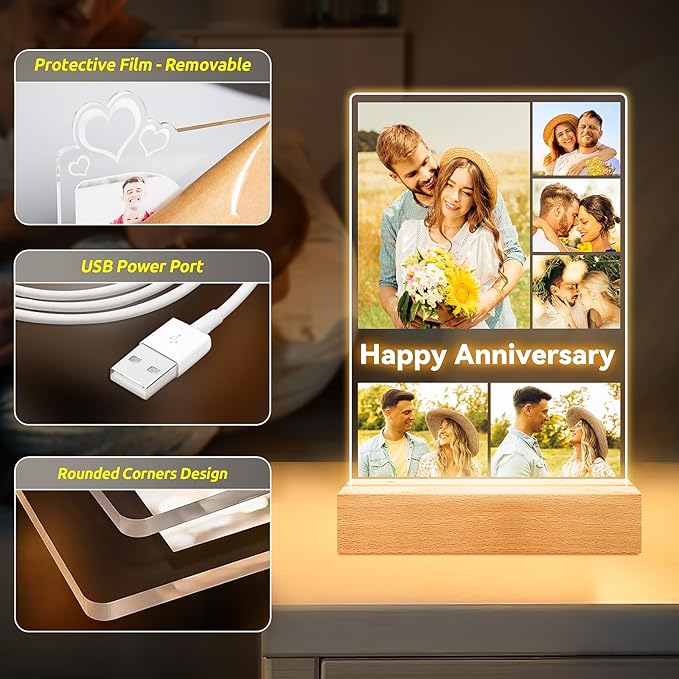 Custom Picture Frames with Photo, Personalized Photo Frame with Night Light, Customized Gifts for Couple, Personalized Christmas Anniversary Birthday Gifts for Women Men Boyfriend Girlfriend Her Him