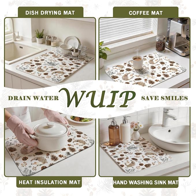Cute Hedgehog Dish Drying Mats for Kitchen Counter, Hedgehog Gifts, Nature Pine Cone Absorbent Reversible Coffee Bar Mat Drying Pad for Kitchen Decor, 12x15 Inch
