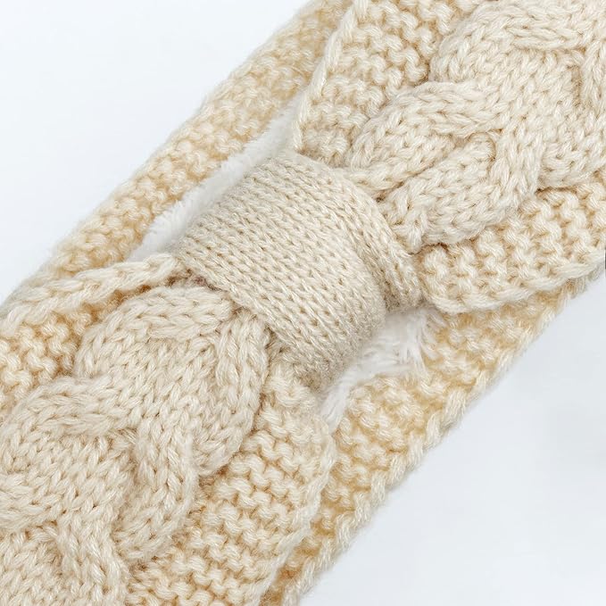 AQOKKA Knit Winter Headbands for Women Fuzzy Wool Fleece Lined Ear Warmers Elastic Turban Crocheted Head Wrap Winter Accessories for Women Cold Weather