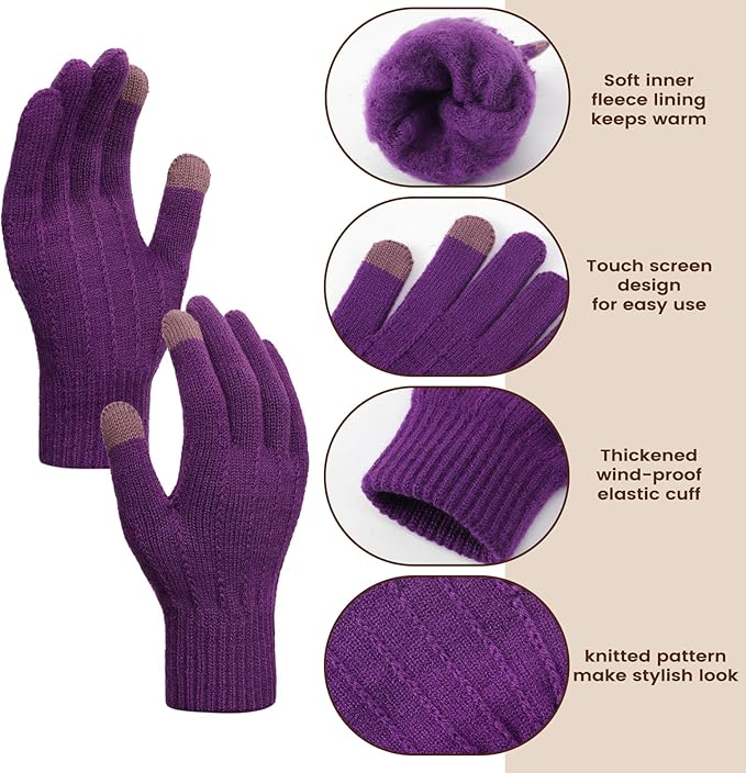 Women Winter Hat Beanie+Long Scarf+Touch Screen Gloves Set, Warm Clothes Set with Knit Fleece Lined for Women/Men Winter