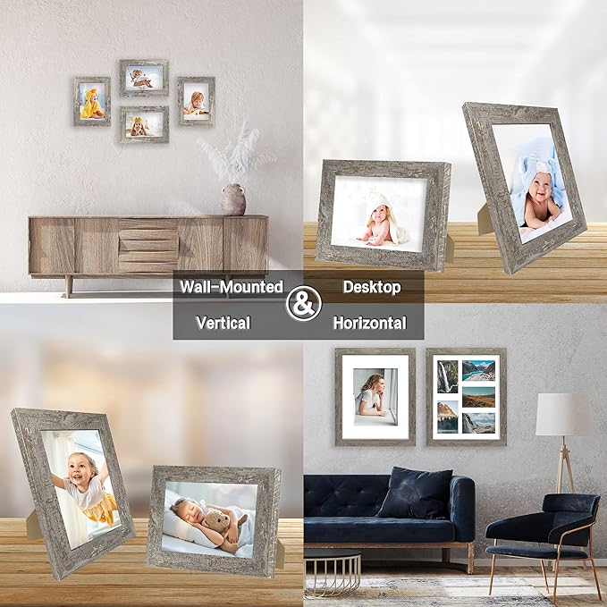 iRahmen 5x7 Picture Frame Set of 4, High Definition Glass Distressed Moss Green Frame, 5 x 7 Wood Photo Frames for Tabletop Display and Wall Mounting
