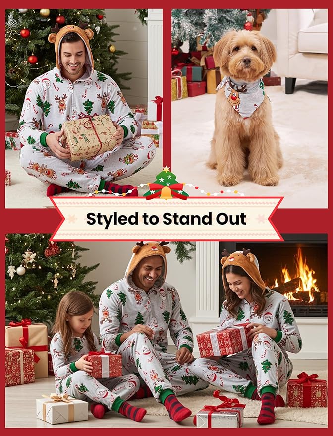 PATPAT Matching Family Christmas Onesie Pajamas – Holiday Hooded Jumpsuit Sleepwear PJs Couples Xmas Loungewear with Socks