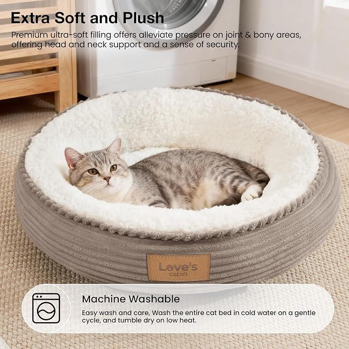 Love's cabin Round Donut Cat and Dog Cushion Bed, 20in Pet Bed for Cats or Small Dogs, Anti-Slip & Water-Resistant Bottom, Super Soft Durable Fabric Pet beds, Washable Luxury Bed Khaki