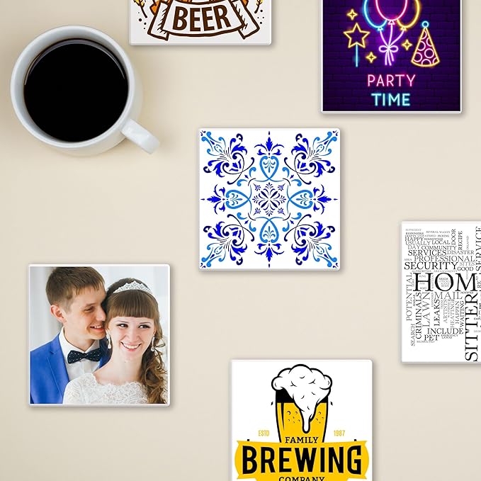 Custom Coasters, Personalized Ceramic Drink Coasters with Photo, Text or Logo – 4 Inch Square Absorbent Coaster with Cork Bottom & Holder – Gift for Home, Wedding, Bar, Coffee (Square Version)