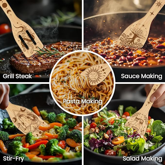 CUTHOLLOW 6PCS Magic Element Wooden Kitchen Cooking Utensil Set, 11.9in Non Toxic Bamboo Wood Spoon Set for Cooking, Best Housewarming Birthday Thanksgiving Christmas Gift for Women Mother