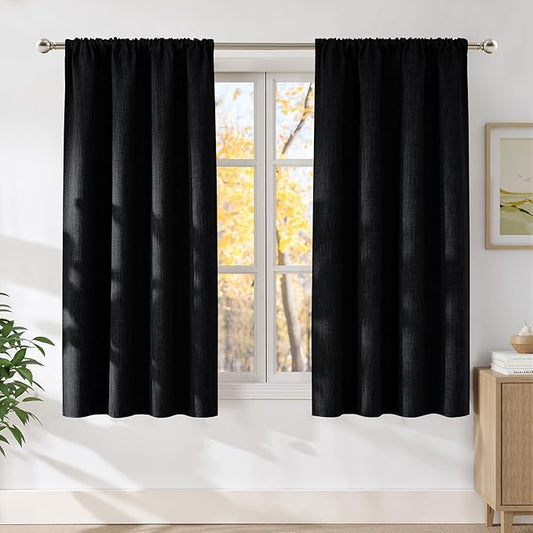 NICETOWN Black Faux Linen Room Darkening Rod Pocket Curtains 63 inch Length, W42 x L63, Light Blocking Thermal Insulated Noise Reducing Drapes for Bedroom Living Room Farmhouse Decor, 2 Panels
