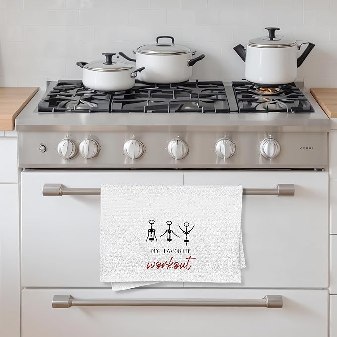 Funny Wine Kitchen Towels, Funny Hand Dish Tea Towels for Home Kitchen Bar Cart Decor, Bar Towel Gifts for Bartenders, My Favorite Workout, 16x24 Inch