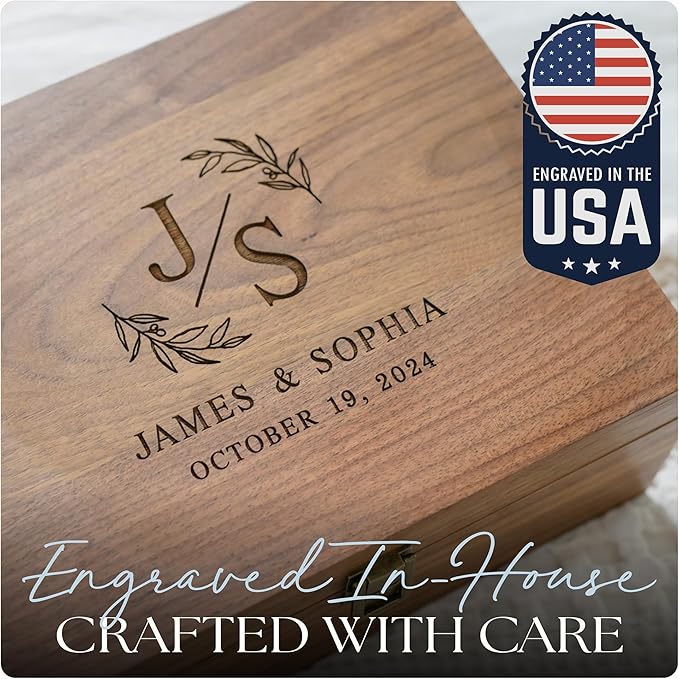 Personalized Walnut Wood Wedding Keepsake Box, Custom Engraved Memory Box for Couples, Birthday Gift, Engagement Gift, Bridal Shower Gifts Anniversary Engagement Wedding Gifts for Couples Newlyweds