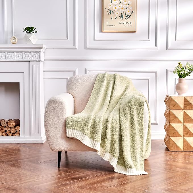 CozeCube Super Soft Fullfy Microfiber Reversible Knitted Blankets, Warm Cozy Fuzzy Plush Throw, Sage Green and White Melange Throw Blanket for Couch Bed Sofa, 60" x 80"