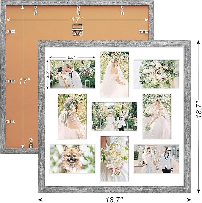 17x17 Collage frame with 9 Openings 4X6 Pictures, Multiple Picture Frame with Mat, Wall or Tabletop Decor, Grey Wood Grain,2 Pack