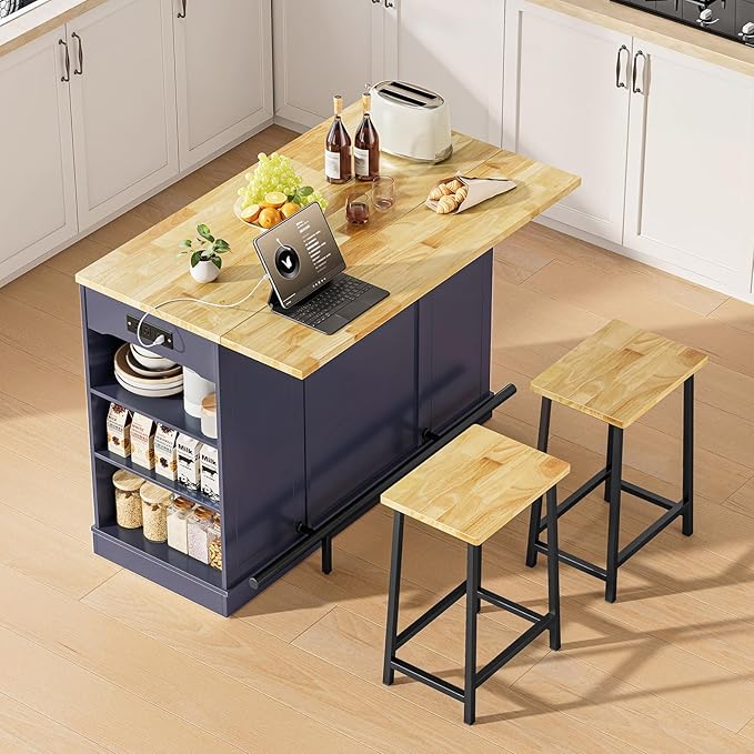 ONBRILL Stationary Kitchen Islands Include 2 Chairs, 47" Kitchen Island with Drop Leaf, Home Bar Table with Spice Rack & with Trash Cabinet, Island Table for Dining Room with Power Outlet, Blue