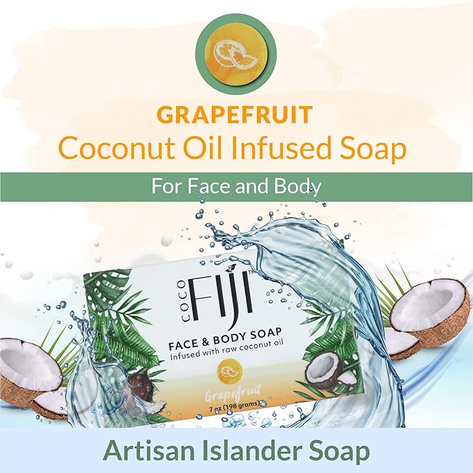 Coco Fiji Soap Bar for Face and Body Infused With Organic Coconut Oil, Grapefruit, Essential Oil, Natural Soap for Moisturizing & Pore Purifying Skin, 7 oz,Pack of 3
