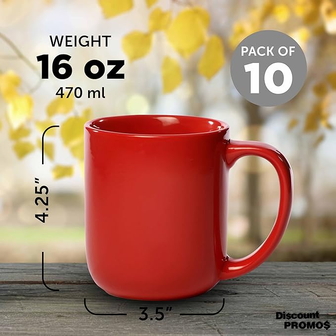 DISCOUNT PROMOS Vibrant Color Glossy Ceramic Mugs 16 oz. Set of 10, Bulk Pack - Perfect for Tea, Espresso, Cappuccino, Hot Cocoa - Red