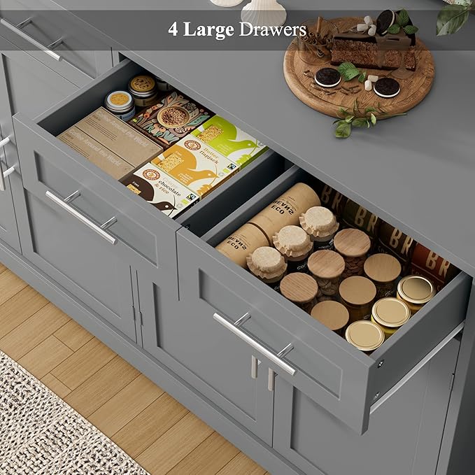 HOSTACK 60" Large Buffet Sideboard with Storage, 36" Tall Kitchen Buffet Storage Cabinet with 4 Drawers, Modern Coffee Bar Cabinet with Gold Handles, Long Sideboard Buffet Table for Kichen, Grey
