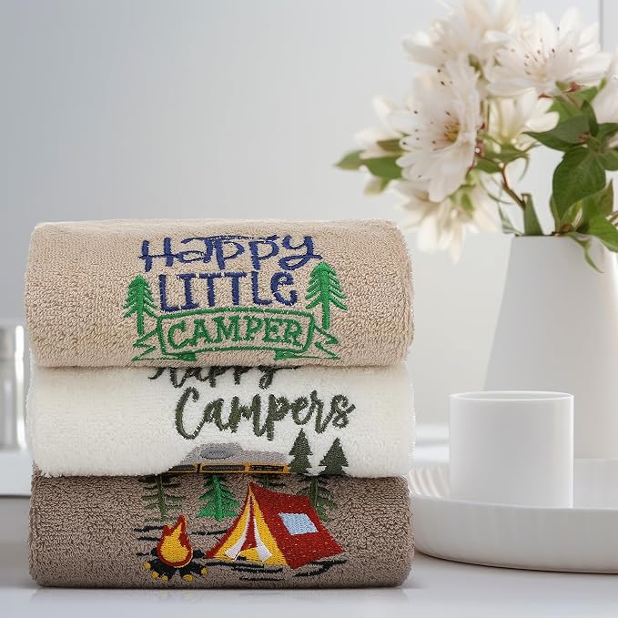 3 Pcs Camping Themed Hand Towels for Bathroom 14 x 29 Inch Embroidered Decorative RV Hand Towels 100% Cotton Farmhouse Campers Bathroom Decor