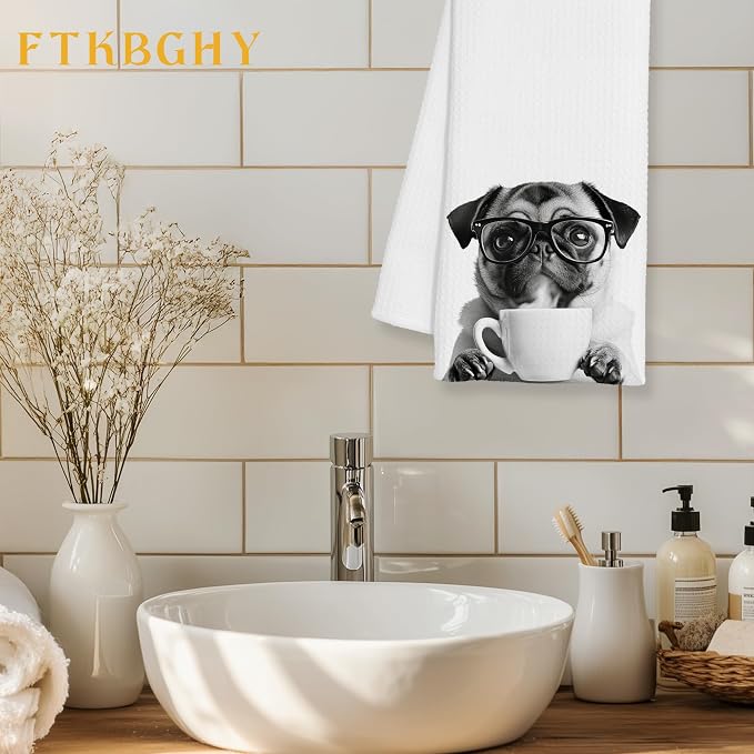 Funny Pug Decor Coffee Kitchen Towels Gift, Pug Dog Gifts, Coffee Gifts for Women, Dog Lover Gift Decorative Dish Hand Tea Towels for Kitchen Home Bar Decor, 16x24 Inch