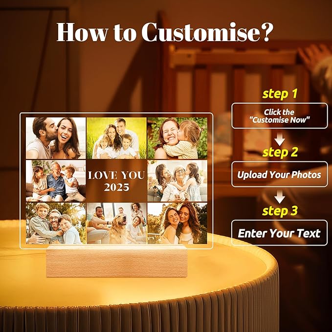 Custom Picture Frames with Photo, Personalized Photo Frame with Night Light, Customized Picture Frame, Personalized Christmas Birthday Gifts for Women Men Mom Dad Grandma Grandpa Kids Family Friend