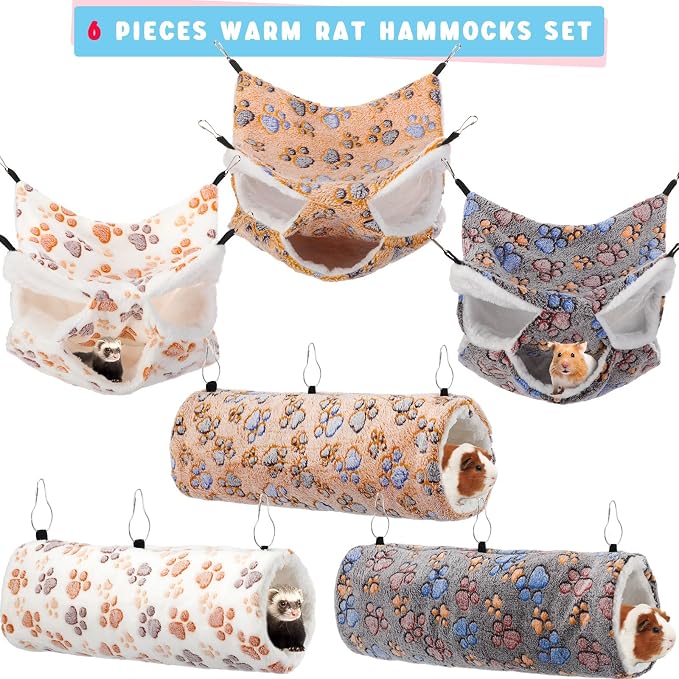 Sweetude 6 Pcs Hammock Tunnel Set for Small Pets,Cute,Paw | 3 Tier Hanging Hideout, Guinea Pig Hamster Chinchilla Ferret, Soft Plush Cage Accessories for Sleep Play and Rest