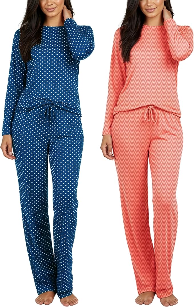 Real Essentials 2 Pack: Women's Comfy Pajama Sets - Short & Long Sleeve Ladies Loungewear Sleepwear PJs (Available In Plus)