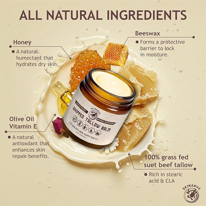 Beef Tallow for Skin 4oz Unscented, Organic Whipped beef Tallow and Honey Balm, 100% Grass Fed Beef Tallow Face Moisturizer For Dry Skin, Lip balm, Eczema Natural Tallow Moisturizer Lotion Body Butter