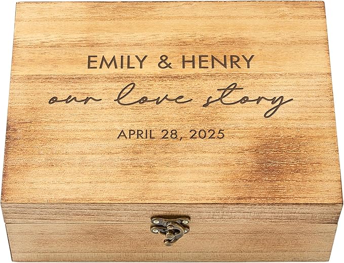 Let's Make Memories Personalized Wooden Keepsake Box With Hinged Lid - Wood Memento Box - Decorative Storage - Home Decor - For Couples, Wedding, Newlyweds - Laser Engraved - Our Love Story Script