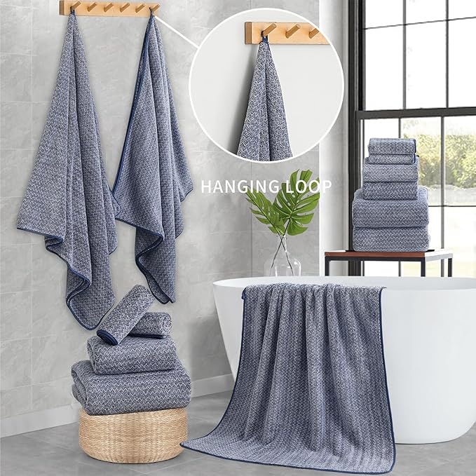 Ultra Soft Bath Towel Set,12 Piece (4 Bath Towels,4 Hand Towels,4 Washcloths) Family Bathroom Towel Set with Hanging Loops,Quick Dry Extra Absorbent Fluffy Shower Towel for Bathroom,Hotel,Spa-Navy