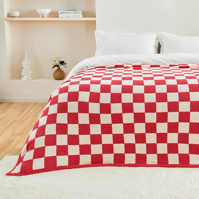 CozeCube Super Soft Fullfy Microfiber Reversible Knitted Blankets, Warm Cozy Fuzzy Plush Throw, Christmas red and White Checkered Throw Blanket for Couch Bed Sofa, 60" x 80"