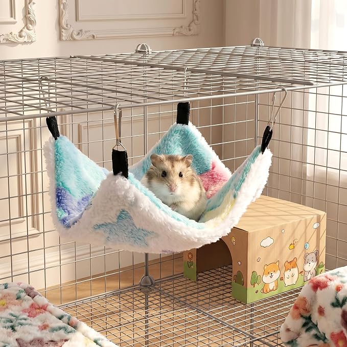 2 Pack Warm Fleece Hanging Corner Pet Rat Hammock with Hooks | Small Animal Hammocks Bed Hideout Swing Cage Accessories for Squirrels Sugar Gliders Guinea Pigs Hamsters Ferret Chinchilla