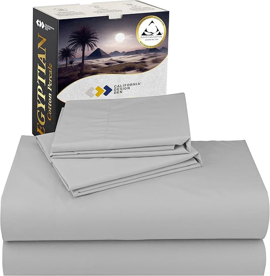 California Design Den King Bed Sheets Set - Certified 100% Egyptian Cotton Percale Sheets King with Deep Pockets, Lightweight, Crisp, Cool & Durable Luxury Bedding Set - Light Grey