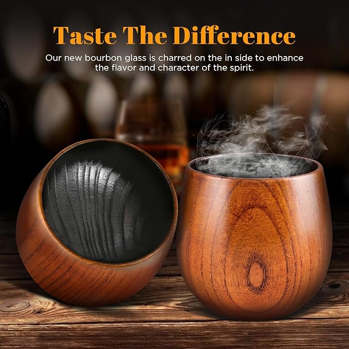 GENUINED Enlarged Charred Wooden Whiskey Glasses Set of 2, Bourbon Gifts for Men, Anniversary, Birthday, Christmas Gifts, Old Fashioned Smoked Bourbon Drinking Glass