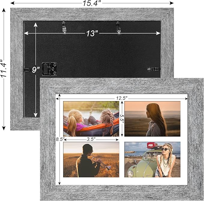 9x13 Picture Frame Display 4 opening 4X6 Picture Frame Collage,Multi Photo Frame with Mat,Plexiglass,Wall or Tabletop Decor,Grey Wood Grain