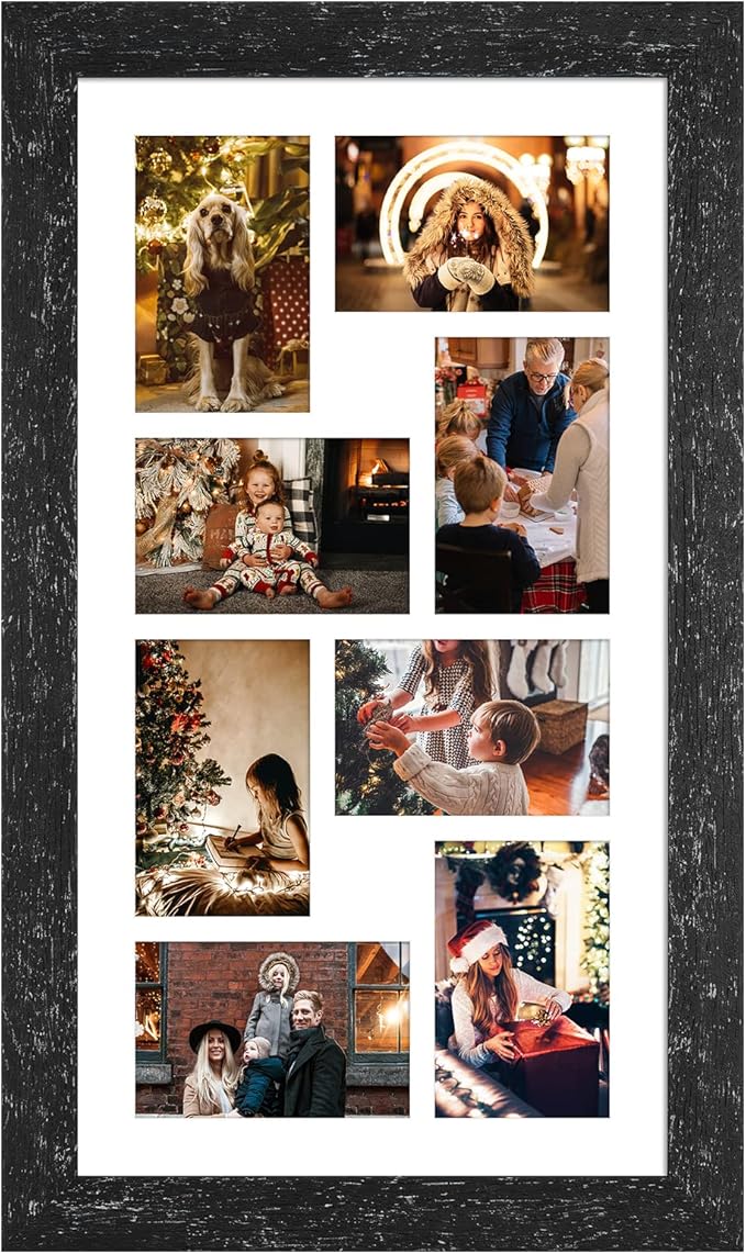11.8x21.8 Picture Frame Display 8 opening 4X6 Picture Frame Collage,Multi Photo Frame with Mat,Plexiglass,Wall or Tabletop Decor,Black Wood Grain