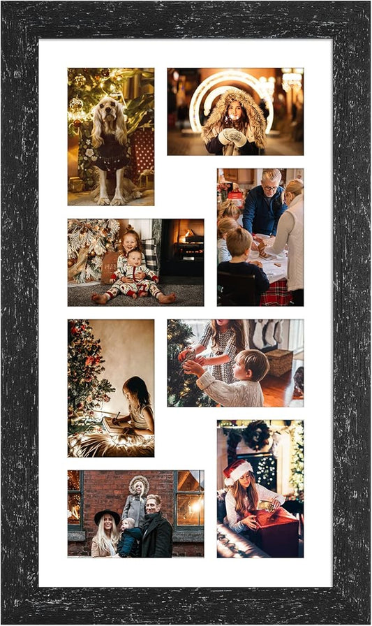 11.8x21.8 Picture Frame Display 8 opening 4X6 Picture Frame Collage,Multi Photo Frame with Mat,Plexiglass,Wall or Tabletop Decor,Black Wood Grain
