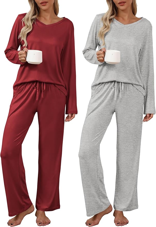 Ekouaer Womens 2 Pack Pajama Set Long Sleeve Pajamas Top and Pants V Neck Pjs Set Soft Loungewear with Pockets