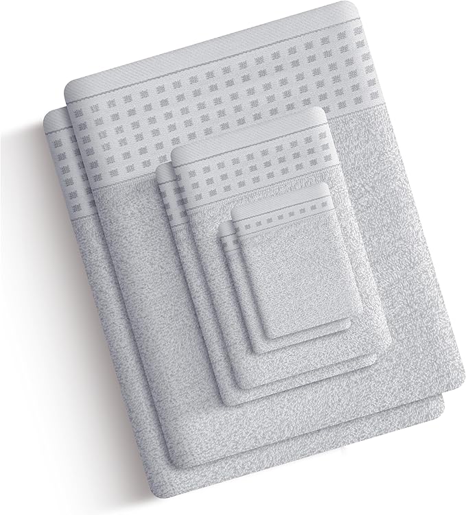 GLAMBURG Towels for Bathroom, 100% Cotton Towel Set, Contains 8 Soft Bath Towel, 8 Hand Towels, 8 Wash Cloths - Compact Absorbent Lightweight & Quickdry - 24 Piece Bathroom Towel Set - Light Grey