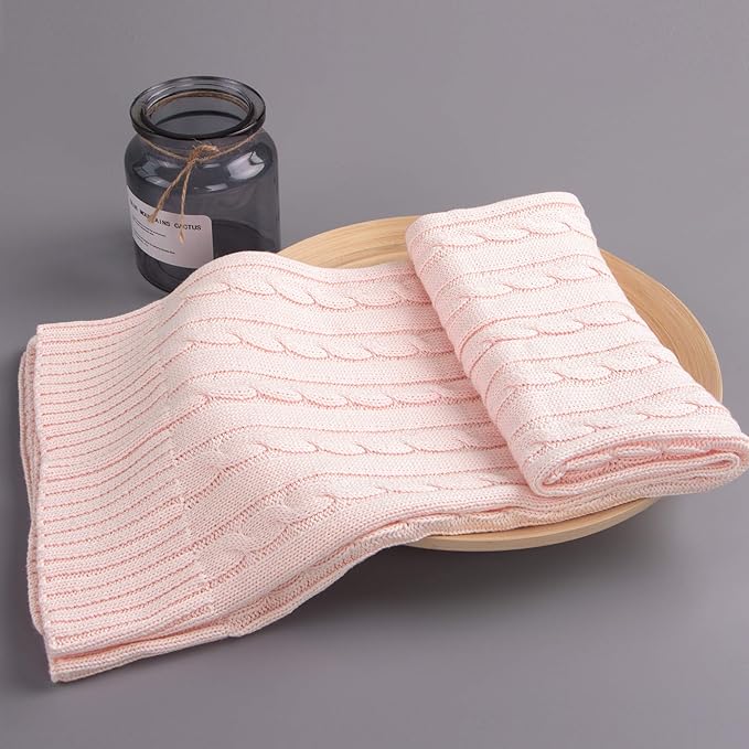 NTBAY 100% Pure Cotton Cable Knit Toddler Blanket, Super Soft Warm Breathable 30x40 Baby Blanket for Crib, Stroller, Nursery, Travel, Newborn, 30x40 Inches, Baby Pink