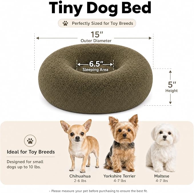 Tiny Dog Bed for Extra Small Dogs for Chihuahua Pomeranian Toy Poodle | 15 Inch Washable Puppy Bed,Soft Faux Fur Calming Donut Bed,Army Green