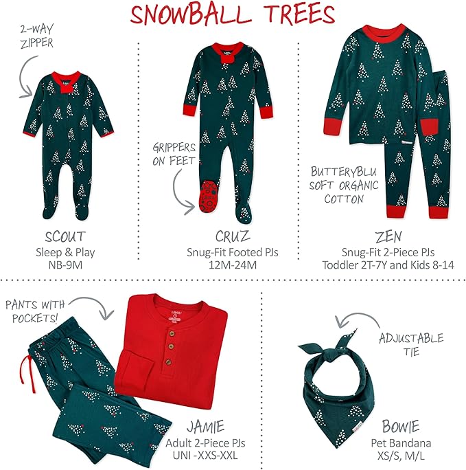 JAMIE Matching Family Jammies Holiday Pajamas 100% Organic Cotton PJs Adults, Kids, Toddlers, Baby, Pets