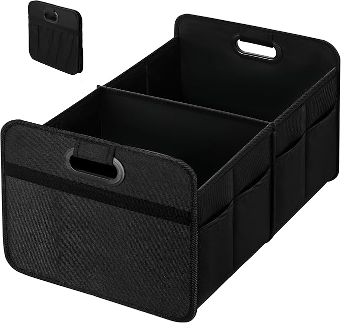 Simple Deluxe Trunk Organizer for Car/SUV, Collapsible 600D Waterproof Oxford Polyester 50L Storage Box, 2 Compartments Multipurpose Travel Accessories, Anti-slip & Leak-proof, Black