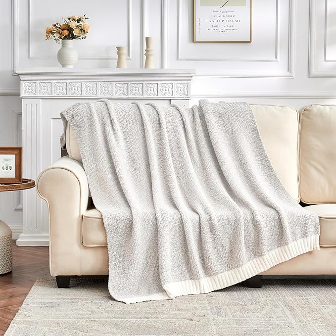 CozeCube Super Soft Fullfy Microfiber Reversible Knitted Blankets, Warm Cozy Fuzzy Plush Throw, Grey and White Melange Throw Blanket for Couch Bed Sofa, 60" x 80"