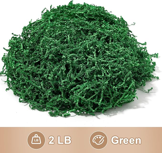 Wowxyz 2 LB Crinkle Cut Paper Shred Green Crinkle Shredded Paper - Gift Box Baskets Bag Filler - Confetti Stuffing for Birthday, Holiday Gift Packaging Wrapping