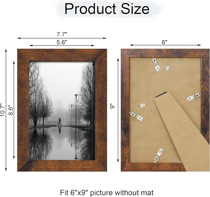 iRahmen 6x9 Picture Frame Set of 4, High Definition Real Glass Rustic Frame, 6 x 9 Wood Photo Frames for Tabletop Display and Wall Mounting