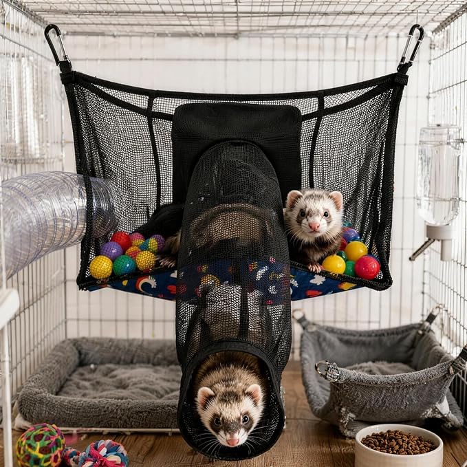 Ferret Ball Pit Hammock, Hanging Ferret Bed Cage Toy with Tunnel Compatible, Mesh Ferret Accessories for Small Animals, No Balls Included