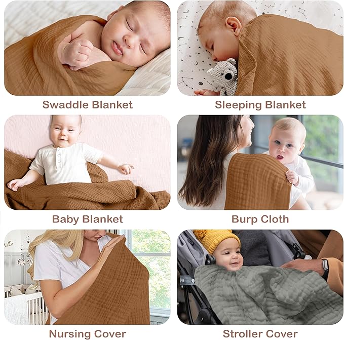 Organic Cotton Muslin Baby Blanket - 47x47 Inch Breathable Swaddle, Hypoallergenic Double-Layer, Versatile Use (Gold/Sage, 47x47 Inch)