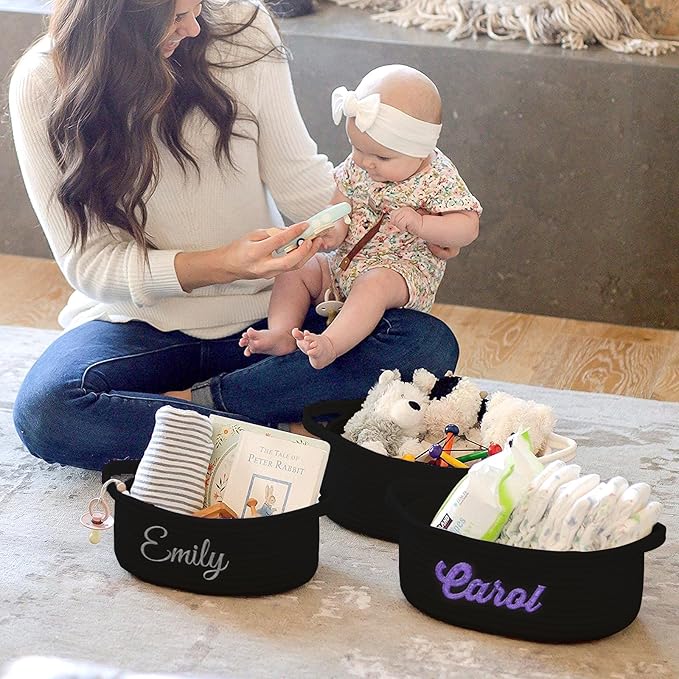 HUTARIO Personalized Woven Christmas Burr Basket Embroidered Name with Gift Bags and Ribbons,Empty Small Rope Basket，Durable Storage Custom Black Basket with Handles for Baby Showers,12"×8"×5"