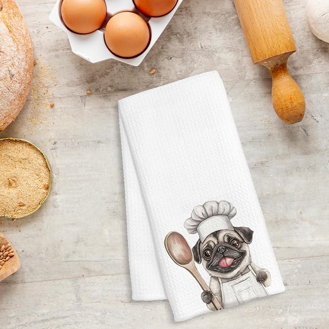 Funny Pug Chef Kitchen Towels, Gifts for Pug Lovers, Chef Gifts for Women Men, Funny Dog Decorative Dish Hand Tea Towels for Kitchen Bakery, 16x24 Inch