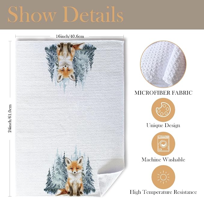 Winter Christmas Fox Kitchen Towels, Fox Gifts, Animal Lover Gifts Dish Tea Towels for Kitchen, Winter Pine Tree Forest Decorative Hand Towel for Kids Bathroom Decor, 16x24 Inch